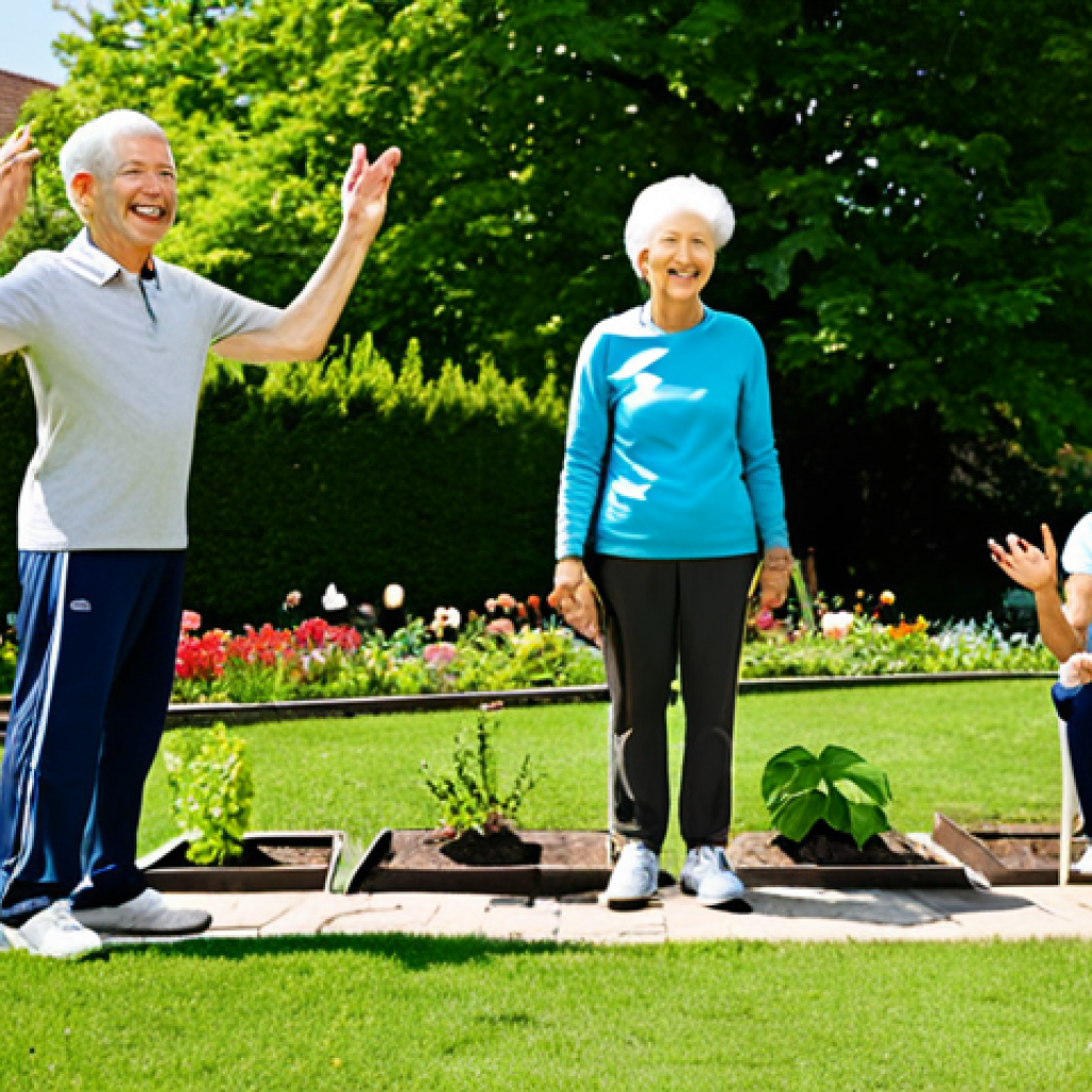 A multi-generational group of people, including a smiling senior woman, a middle-aged man, and a young woman, all engaged in a gentle community activity. They are sharing a light moment, perhaps doing light stretches or tending to a community garden. Each individual is fully clothed in comfortable, modest athletic wear or casual attire, suitable for outdoor activity. Colors are bright and inviting. The setting is a vibrant community garden or a spacious, well-lit park during a sunny day. Green foliage, colorful flowers, and a clear blue sky are visible in the background, implying a healthy environment. safe for work, appropriate content, fully clothed, family-friendly, perfect anatomy, correct proportions, natural pose, well-formed hands, proper finger count, natural body proportions, professional photography, high quality, vibrant.