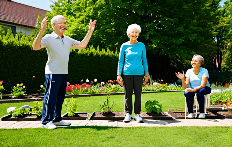 A multi-generational group of people, including a smiling senior woman, a middle-aged man, and a young woman, all engaged in a gentle community activity. They are sharing a light moment, perhaps doing light stretches or tending to a community garden. Each individual is fully clothed in comfortable, modest athletic wear or casual attire, suitable for outdoor activity. Colors are bright and inviting. The setting is a vibrant community garden or a spacious, well-lit park during a sunny day. Green foliage, colorful flowers, and a clear blue sky are visible in the background, implying a healthy environment. safe for work, appropriate content, fully clothed, family-friendly, perfect anatomy, correct proportions, natural pose, well-formed hands, proper finger count, natural body proportions, professional photography, high quality, vibrant.