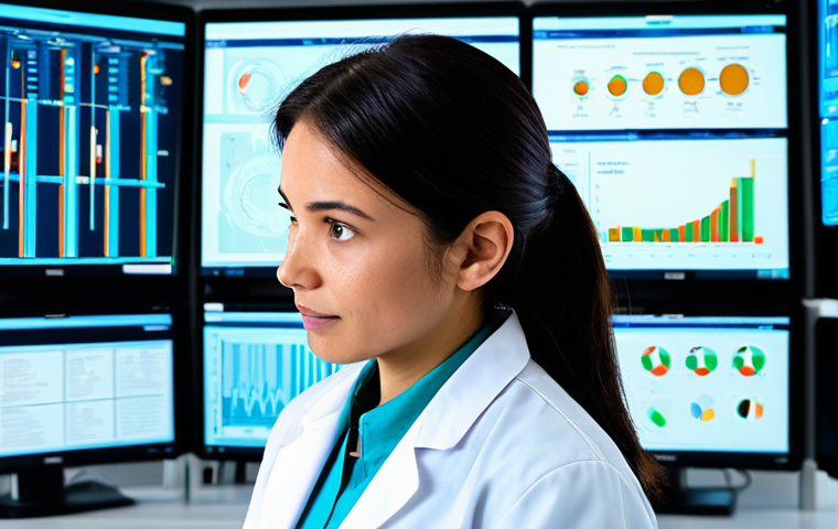 A professional female scientist in a pristine, state-of-the-art laboratory, focusing intently on a holographic display showcasing complex genomic data and DNA structures. She is wearing a clean lab coat over modest professional clothing, with a focused and hopeful expression. The background features advanced medical equipment, digital screens with health data, and bright, clean surfaces. The lighting is clinical and professional, emphasizing innovation. fully clothed, appropriate attire, safe for work, professional, perfect anatomy, correct proportions, natural pose, well-formed hands, proper finger count, natural body proportions, professional photography, high quality.