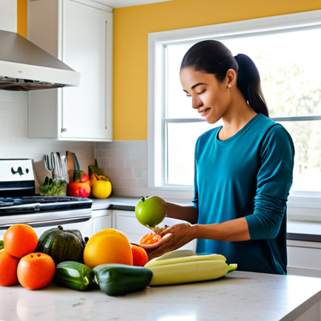 A person of diverse background, fully clothed in comfortable, modest activewear, engaged in mindful meal preparation in a bright, modern kitchen. Fresh, vibrant fruits and vegetables are neatly arranged on a clean countertop, with natural light streaming through a window. The scene reflects a sense of calm and healthy living, emphasizing conscious nutrition. The individual has perfect anatomy, correct proportions, and a natural pose. Professional photography, high quality, sharp focus, vibrant colors, clean aesthetic, appropriate content, safe for work, family-friendly. Well-formed hands, proper finger count, natural body proportions.