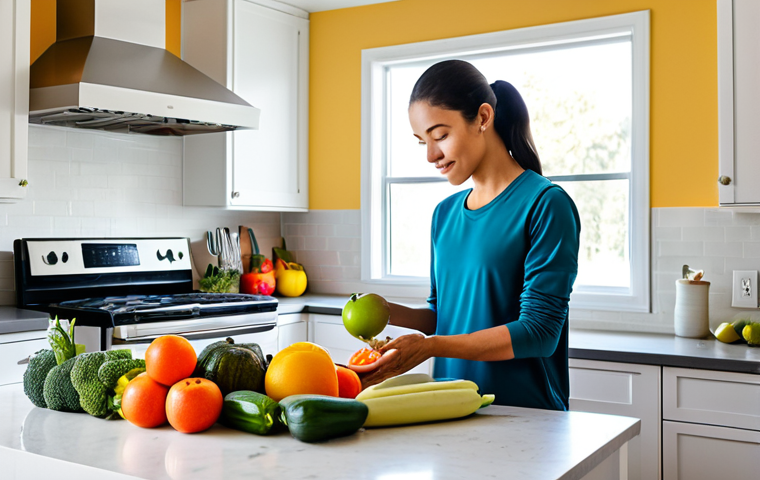 A person of diverse background, fully clothed in comfortable, modest activewear, engaged in mindful meal preparation in a bright, modern kitchen. Fresh, vibrant fruits and vegetables are neatly arranged on a clean countertop, with natural light streaming through a window. The scene reflects a sense of calm and healthy living, emphasizing conscious nutrition. The individual has perfect anatomy, correct proportions, and a natural pose. Professional photography, high quality, sharp focus, vibrant colors, clean aesthetic, appropriate content, safe for work, family-friendly. Well-formed hands, proper finger count, natural body proportions.