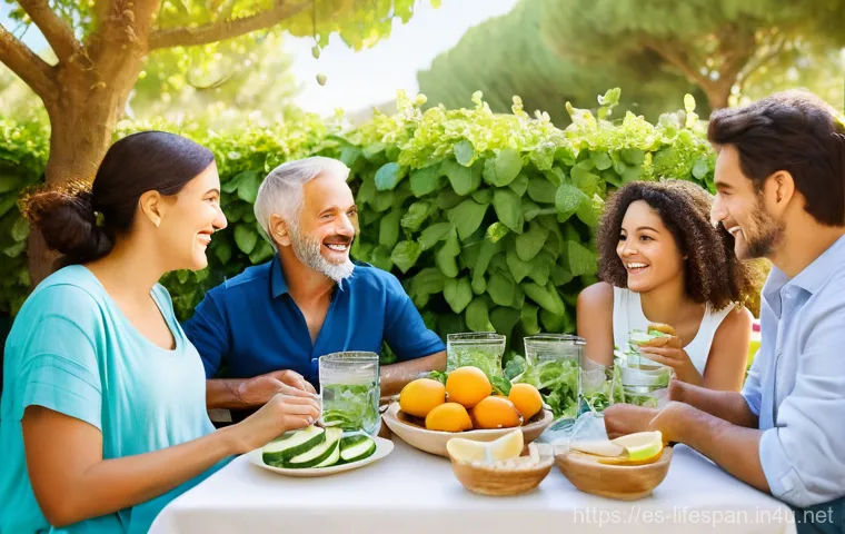 인류 평균수명 - **Prompt:** A vibrant, sun-drenched outdoor table set for a delicious and healthy Mediterranean meal...