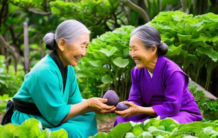 장수하는 국가 - **Prompt:** A vibrant scene featuring a group of elderly Okinawan women, dressed in traditional, mod...