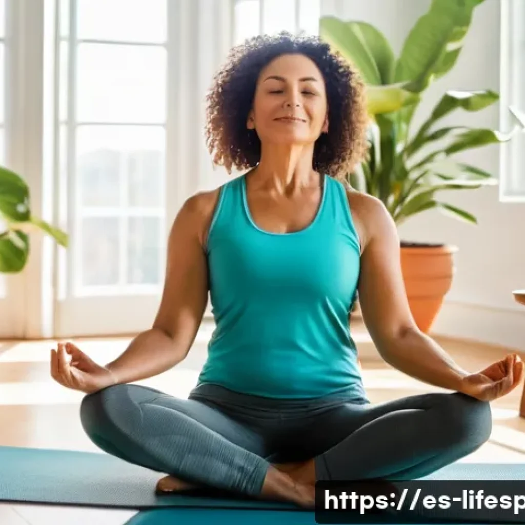노화 방지 - A vibrant and peaceful morning scene featuring a diverse middle-aged Hispanic woman practicing yoga ...
