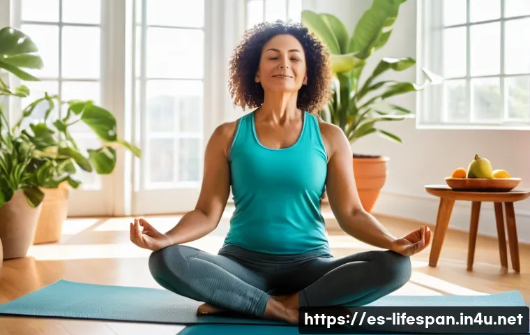 노화 방지 - A vibrant and peaceful morning scene featuring a diverse middle-aged Hispanic woman practicing yoga ...