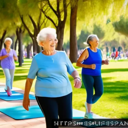 체중 관리와 평균수명 - A vibrant outdoor scene in a sunny urban park in Spain featuring a diverse group of adults and senio...
