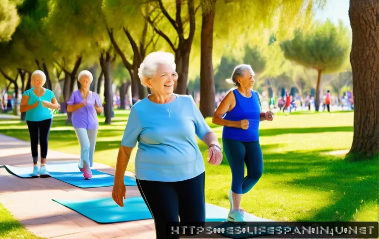 체중 관리와 평균수명 - A vibrant outdoor scene in a sunny urban park in Spain featuring a diverse group of adults and senio...