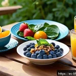 항산화제와 평균수명 - A vibrant, colorful breakfast scene featuring a wooden table set outdoors with a variety of antioxid...