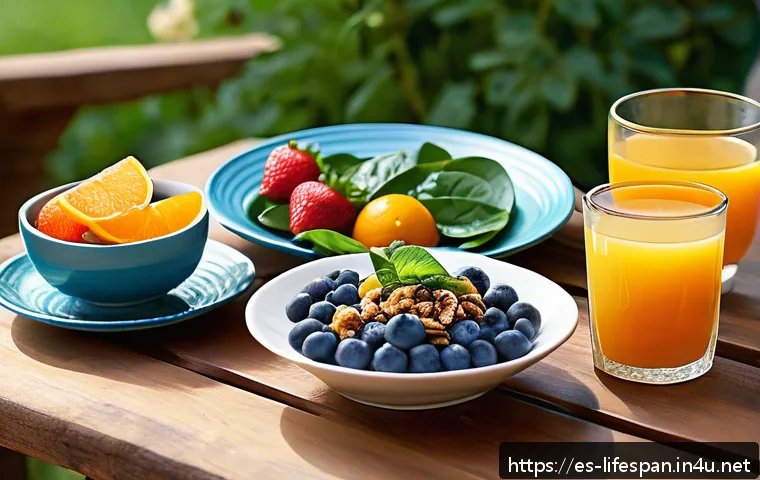 항산화제와 평균수명 - A vibrant, colorful breakfast scene featuring a wooden table set outdoors with a variety of antioxid...