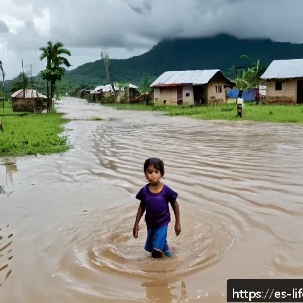 자연재해와 평균수명 - A rural Latin American village during heavy flooding season, showing muddy, waterlogged roads blocki...