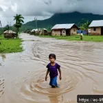 자연재해와 평균수명 - A rural Latin American village during heavy flooding season, showing muddy, waterlogged roads blocki...