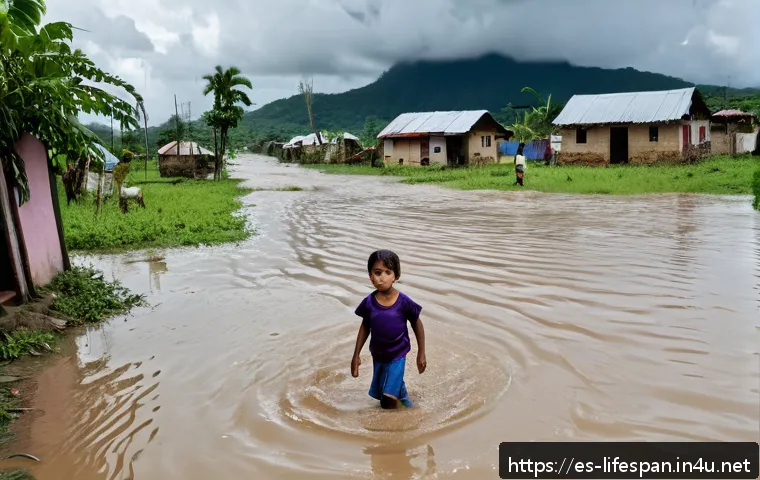 자연재해와 평균수명 - A rural Latin American village during heavy flooding season, showing muddy, waterlogged roads blocki...