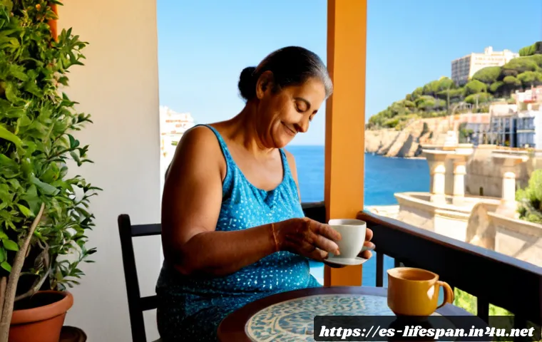 Home 17 심리적 건강과 평균수명 - Photorealistic lifestyle scene in a sunlit Spanish Mediterranean apartment, a relaxed older Hispanic...